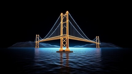 Obraz premium Illuminated Suspension Bridge Over Water with Wireframe Hills in the Background