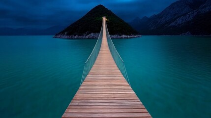 Fototapeta premium Wooden Bridge Over Teal Water with Mountain in the Background