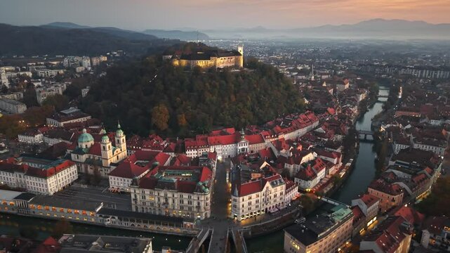 Stunning aerial view of Ljubljana, Slovenia, showcasing charming rooftops and iconic castle at sunset. Ljubljana castle, historic buildings and Ljubljanica river in Slovenian capital 