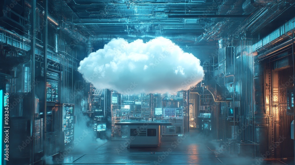 Poster complex metallic structures and illuminated displays filling a server room, with a cloud hovering ab