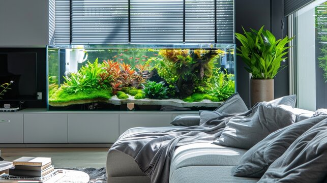 A sleek aquascaping setup in a modern living room, Aquascaping tools and aquarium arranged, Contemporary minimalist style