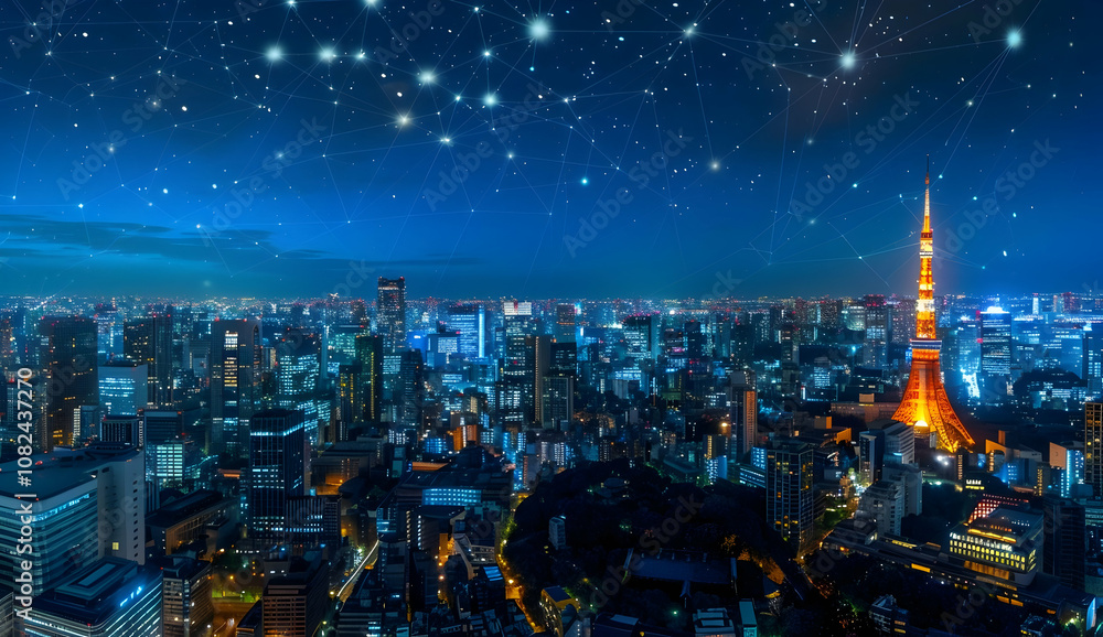 Poster digital cityscape with connected nodes forming an ai network, tokyo skyline at night in the backgrou