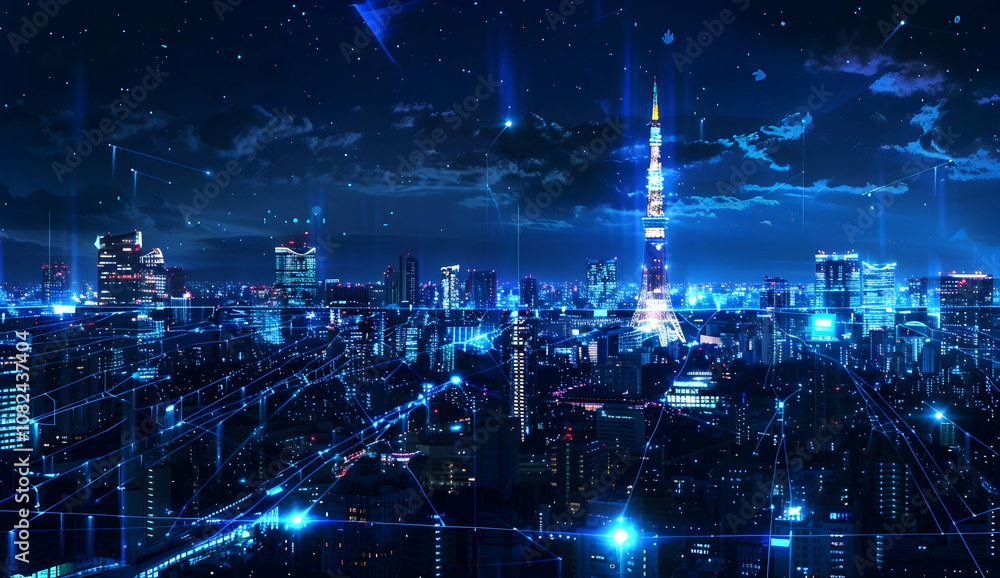 Poster digital cityscape with connected nodes forming an ai network, tokyo skyline at night in the backgrou