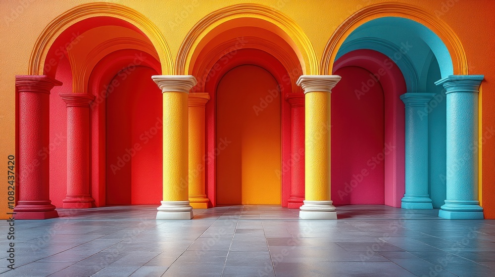 Poster vibrant architectural space with colorful arches and columns.