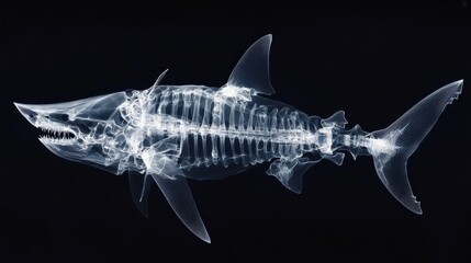 X-ray image revealing intricate skeletal structure of shark, highlighting bones, fins, and cartilaginous framework against dark backdrop, providing insight into marine biology and anatomy