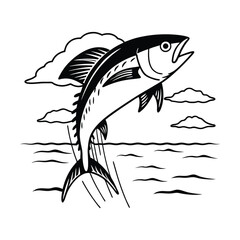 tuna fish vector design, labeled line and fill art silhouette illustration.