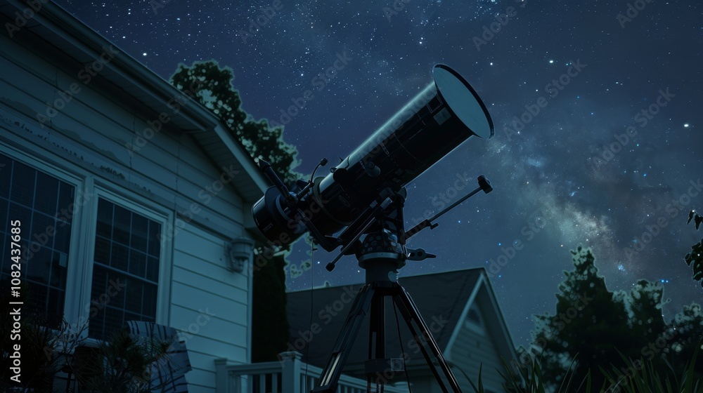 Poster a sleek astronomy setup in a backyard observatory, telescope and star charts neatly placed, modern t