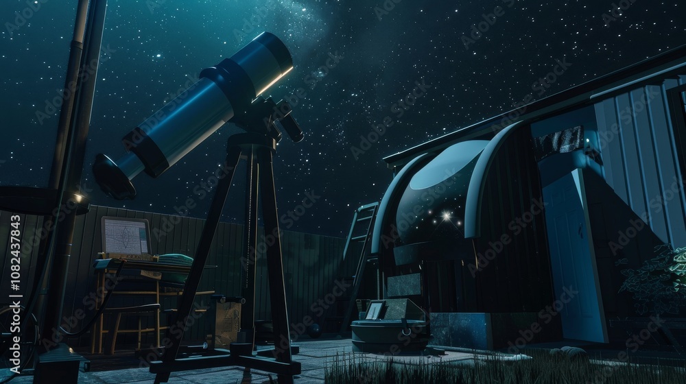 Poster a sleek astronomy setup in a backyard observatory, telescope and star charts neatly placed, modern t