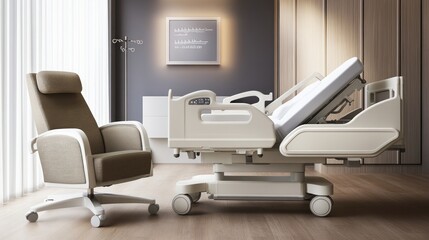 A hospital room featuring an adjustable bed and a comfortable chair for patient care.