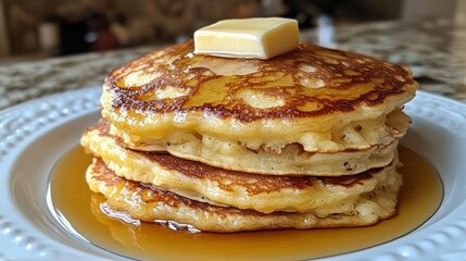 A stack of golden brown pancakes with a pat of butter and syrup on a white plate.