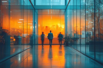Businessman pausing in a contemporary office building corridor, gazing at the sunset over the city skyline while other businesspeople blur by