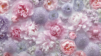 wallpaper pattern of pink and lavender peonies, with some alliums in the background