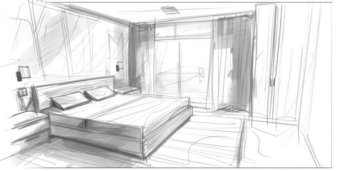 An interior design sketch with artistic lines of a bohemian living space