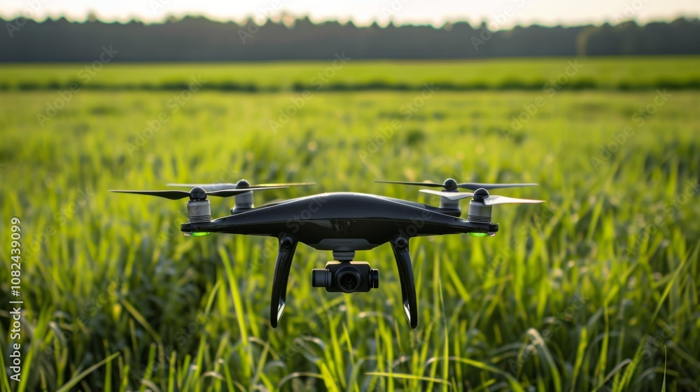 Poster A sleek drone flying setup in an open field, Drones and controllers neatly placed, Modern tech style