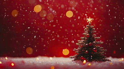 A Christmas tree with a star on top standing in a snowy scene against a red background with bokeh lights, ideal for holiday greeting cards, banners, seasonal advertisements, and festive posters