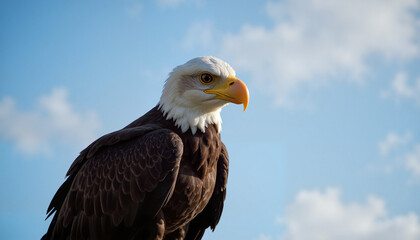 Obraz premium Bald eagle, majestic presence, perched against blue sky, with clouds, Independence Day celebration