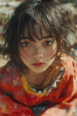Close-up of an Asian girl with messy, short hair, wearing colorful and surrounded by garbage in the background