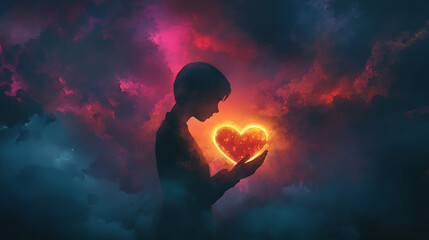 Obraz premium Soft silhouette of a person holding a glowing heart, symbolizing emotional recovery and resilience.3