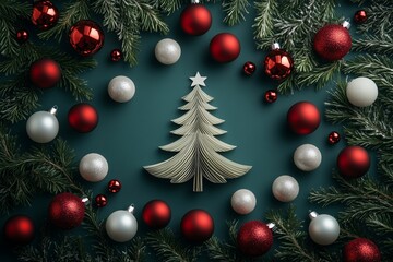 Obraz premium A creative Christmas tree cutout with red, green, and white baubles and gold stars on a green background. Perfect for conveying the festive spirit of holiday celebrations