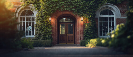 The Charming Entrance of a Beautiful Brick Building is Enveloped by Lush Green Ivy, Featuring an Inviting Wooden Door that Entices Visitors to Explore Its Interior