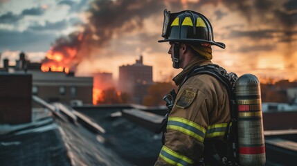 Fototapeta premium Firefighter Silhouetted Against Burning Building