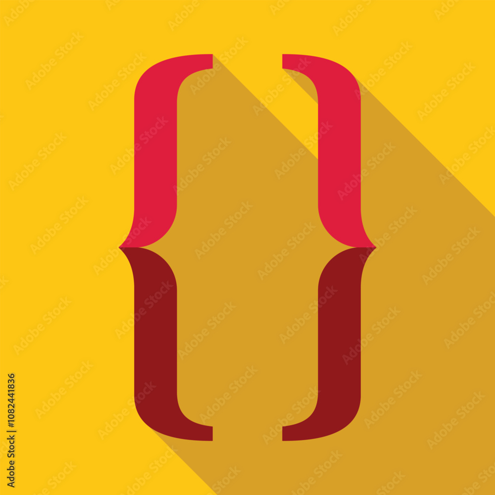 Poster curly brackets symbol casting a long shadow on a vibrant yellow background, representing programming