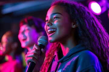 Happy teenagers holding microphones, dancing and singing in a neon-lit karaoke room, vibrant expressions, multicultural group, medium close-up capturing their laughter and joy 2