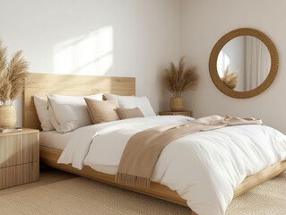 Cozy bedroom interior with natural decor and warm light, minimalistic design.