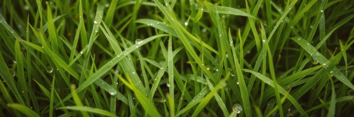 Vibrant green grass background with dew drops, natural