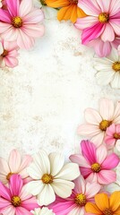 Obraz premium A floral border featuring colorful flowers on a textured background, ideal for invitations.