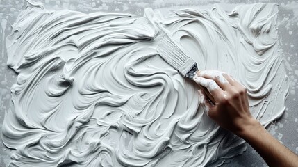 Close-up of a hand using a paintbrush to create textured swirls in thick white paint on a flat surface, depicting artistic expression and creativity through fluid movement.