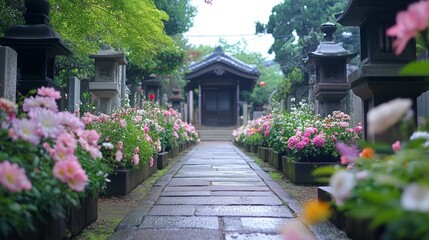 Obraz premium A stone pathway lined with pink flowers leads to a traditional Japanese shrine.