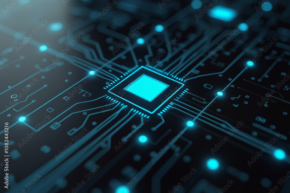 Poster a computer chip centered on a circuit board, highlighted by a soft glow. the blue chip stands out ag