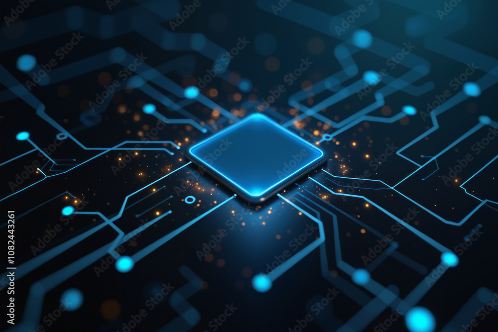 Poster a blue circuit board features a microchip, cpu processor, illuminated by lights. futuristic design t