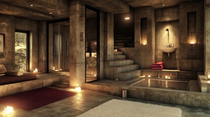 Serene and Modern Spa Interior with Concrete Walls, Soft Lighting, Candles, Water Features, and a Cozy Atmosphere for Relaxation and Wellness Retreats