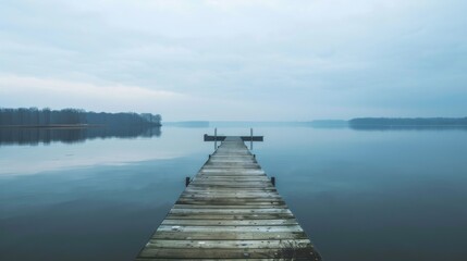 Obraz premium A spacious fishing dock extending into a serene lake, displaying a solitary fishing dock surrounded by calm, reflective waters