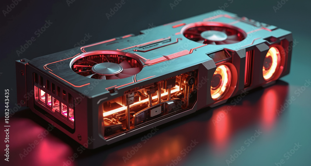 Poster a detailed image of a video card placed on a table, highlighting the metallic components and circuit