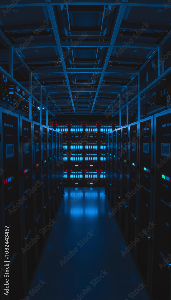 Poster a dark room densely packed with servers, creating a powerful image of data storage, cloud computing,