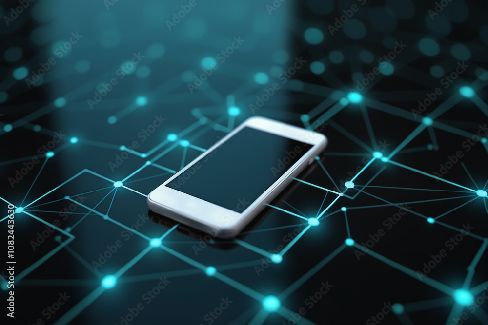 Poster white smartphone on a dark blue surface surrounded by a network of interconnected lines and dots, em