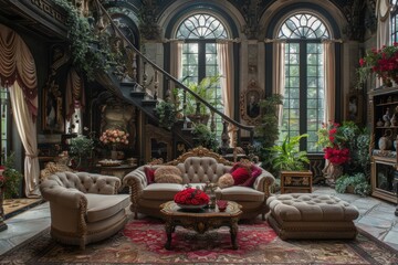 A luxurious vintage living room adorned with ornate furniture, rich colors, and elaborate decorations, exuding an air of opulence, classical charm, and regal sophistication