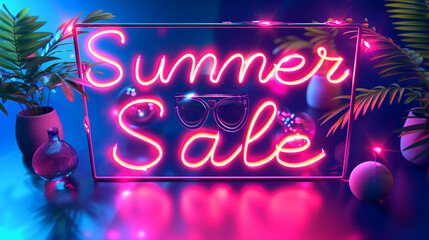 Naklejka premium Vibrant summer sale sign illuminated by colorful neon lights with playful greenery and decorative items in a lively setting