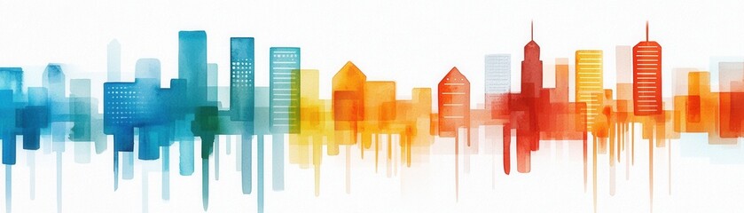 Quantum computing of cryptography concept. A vibrant city skyline illustration blending colors like blue, orange, and red, showcasing diverse building silhouettes against a white background.