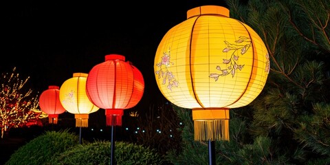 Obraz premium Colorful lanterns glow beautifully at night, adding charm to the landscape with their warm hues and intricate designs.