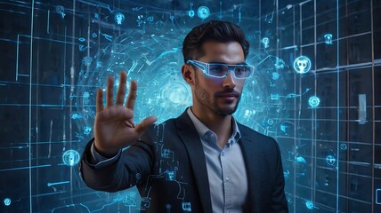 Holographic display: A man wearing augmented reality glasses interacts with a digital interface.