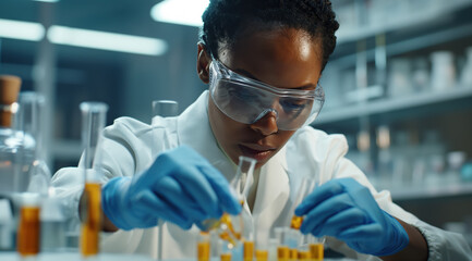 Medical bio laboratory, Research, Science test technology. Pharmaceutical lab specialist examines medicine vials, hospital patient samples. Medical student conducts research. Realistic style photo