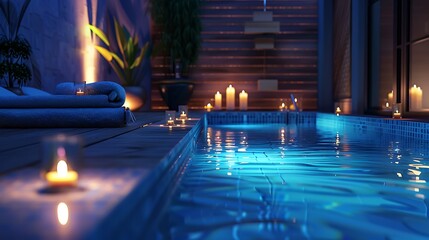 A serene indoor pool area illuminated by candles, creating a relaxing atmosphere for leisure and wellness.