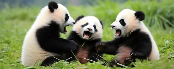 Obraz premium Three Adorable Panda Cubs Playing in the Grass