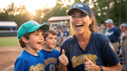 Joyful Baseball Coach Celebrates with Young Players in Evening Light at a Youth League Game, Emphasizing Team Spirit and Community Engagement