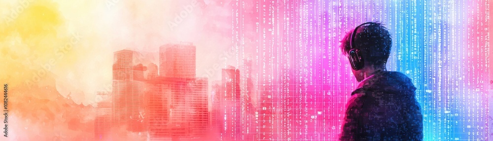 Aufkleber quantum computing of cryptography concept. a digital artwork depicting a figure against a vibrant ba
