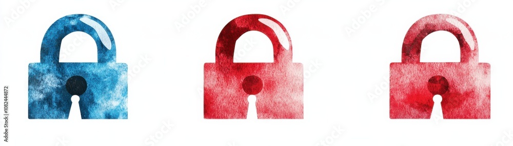 Poster quantum computing of cryptography concept. three stylized locks in red and blue, symbolizing securit